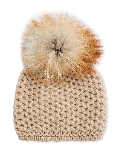 Inverni Honeycomb Cashmere Beanie Hat W/ Fox Fur Pompom In Vanilla/red