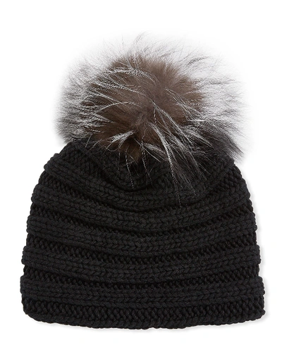 Inverni Knit Cashmere Beanie Hat W/ Fox Fur Pompom In Black