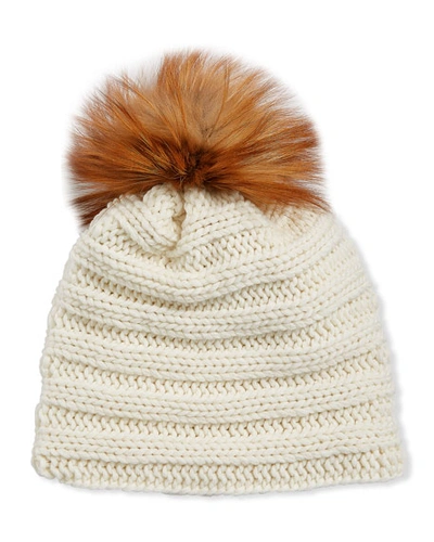 Inverni Knit Cashmere Beanie Hat W/ Fox Fur Pompom In White
