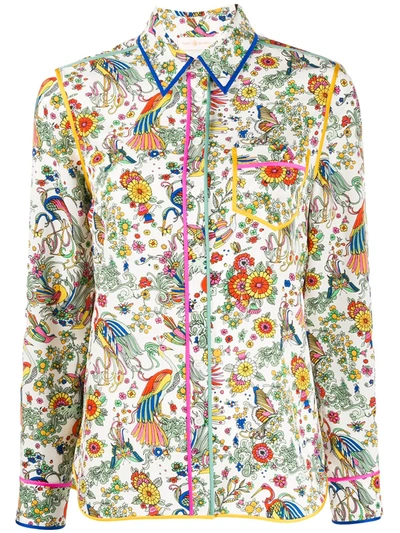 Tory Burch Contrast Binding Long-sleeve Printed Button-down Shirt In New Ivory