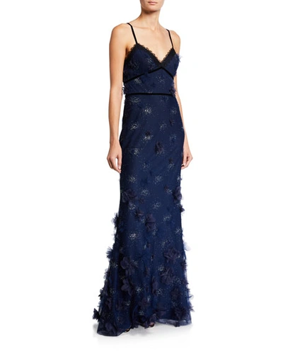 Marchesa Notte Metallic Embroidered Sleeveless Gown W/ 3d Flowers & Lace Trim In Navy