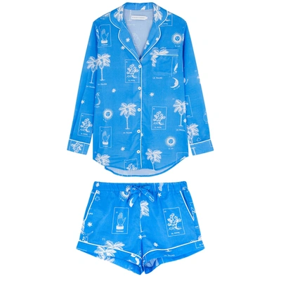 Desmond & Dempsey La Loteria Printed Cotton Pyjama Set In Blue And White