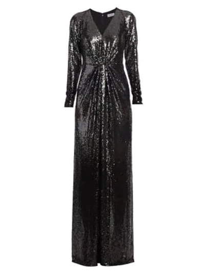 Rene Ruiz Collection Long-sleeve Sequin Column Gown In Gunmetal