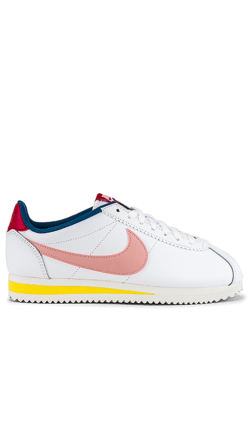 Nike Classic Cortez Leather Sneaker In Summit White, Coral Stardust, Gym Red  & Chrome Yellow | ModeSens