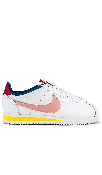 Nike Classic Cortez Leather Sneaker In Summit White, Coral Stardust, Gym Red & Chrome Yellow