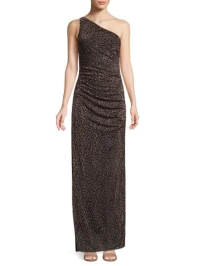 Laundry By Shelli Segal Metallic Leopard-print One-shoulder Gown In Black/gold