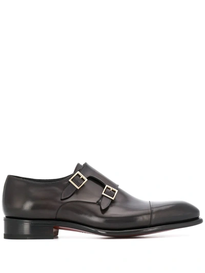 Santoni Double Buckle Pointed Toe Loafers In Grey