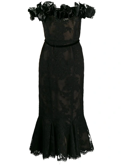 Marchesa Off The Shoulder Lace Midi-tea Dress In Black