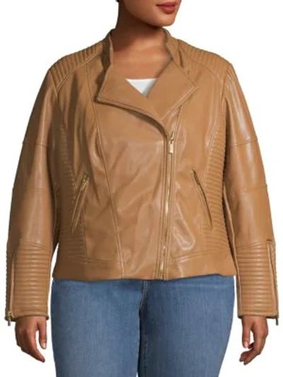 Calvin Klein Plus Faux Leather Moto Jacket In Vicuna