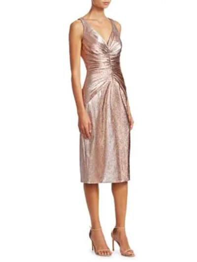 Theia Metallic Ruched Midi Dress In Metallic Blush