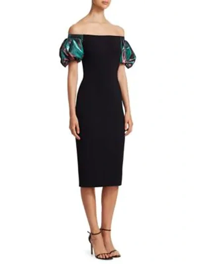 Theia Off-the-shoulder Lam&eacute; Cocktail Dress In Teal Black
