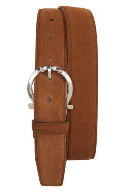 Ferragamo Suede Belt With Twisted Gancini Buckle, Brown