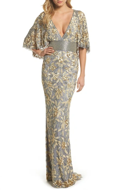 Mac Duggal V-neck Floral Sequin Metallic Column Gown W/ Cape In Platinum/ Gold