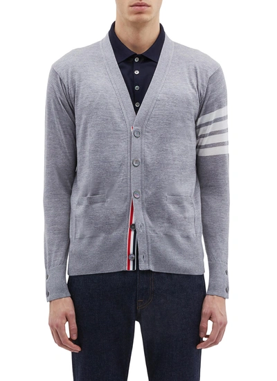 Thom Browne Stripe Sleeve Wool Cardigan In Grey