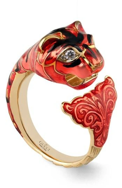 Gucci Feline Head Ring With Red Enamel & Diamonds In Platinum