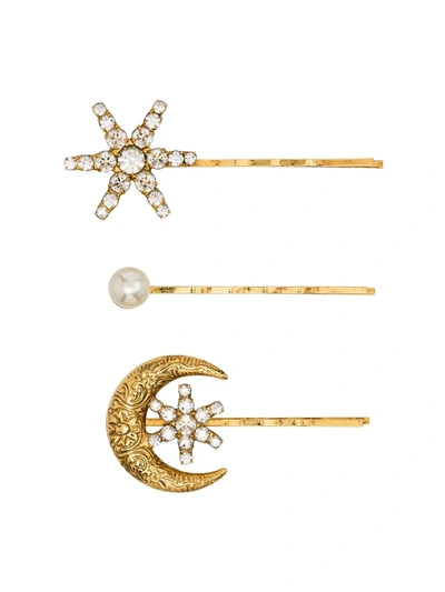 Jennifer Behr Crystal And Pearl Star And Moon Set Of Three Hair Clips In Gold