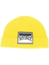 Versace Logo Patch Wool Beanie In Yellow