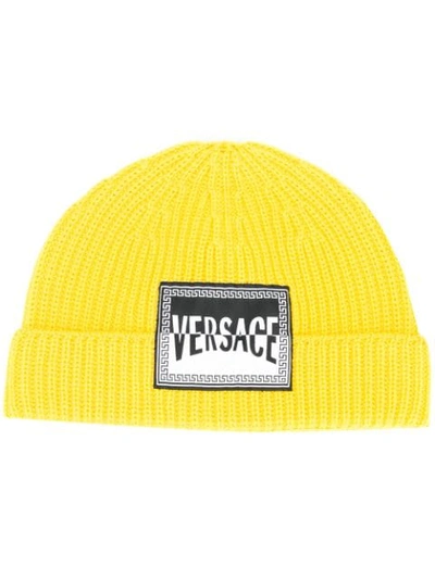 Versace Logo Patch Wool Beanie In Yellow