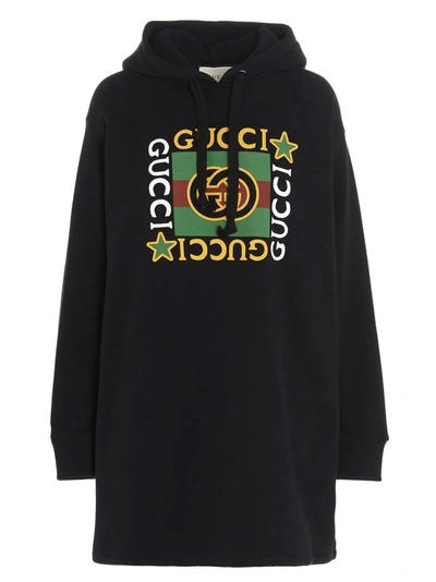Gucci Vintage Logo Hooded Sweatshirt Dress In Black