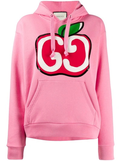Gucci Hooded Sweatshirt With Gg Apple Print In Pink,red | ModeSens