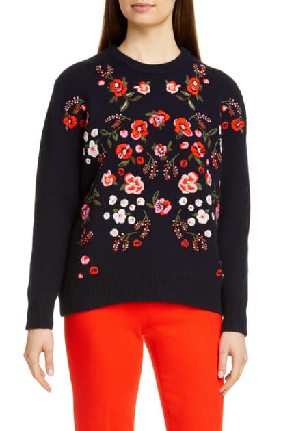 Lela Rose Floral-embroidered Wool-cashmere Sweater In Navy Multi | ModeSens