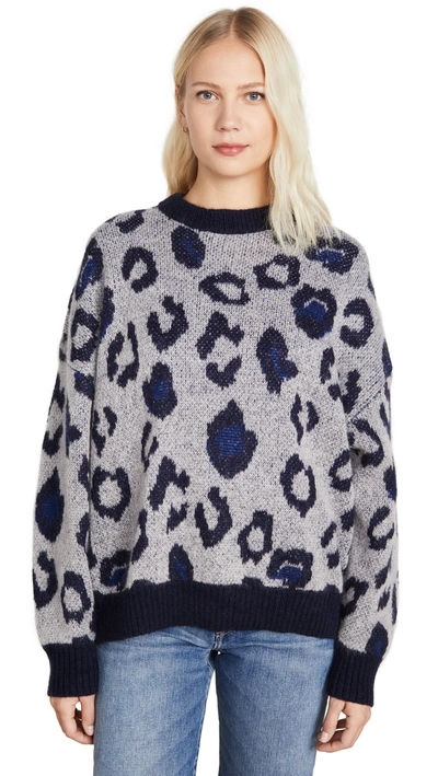 Anine Bing Raigh Leopard Crewneck Jumper In Cloud Blue Leopard