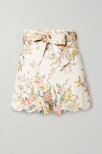 Zimmermann Zinnia Scalloped Floral-print Linen Shorts In Multicolor