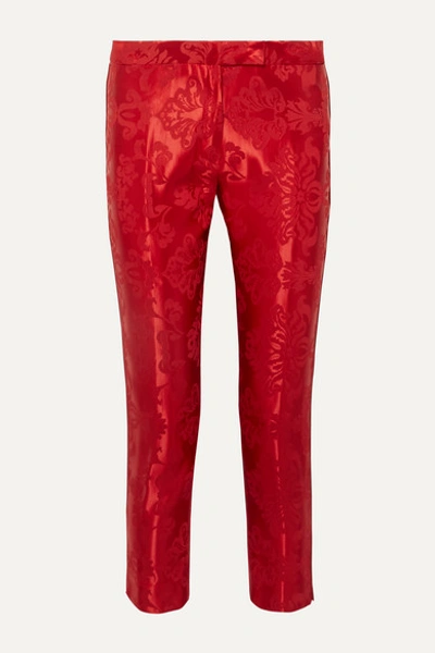 Ann Demeulemeester Cropped Cord-trimmed Satin-jacquard Straight-leg Pants In Red