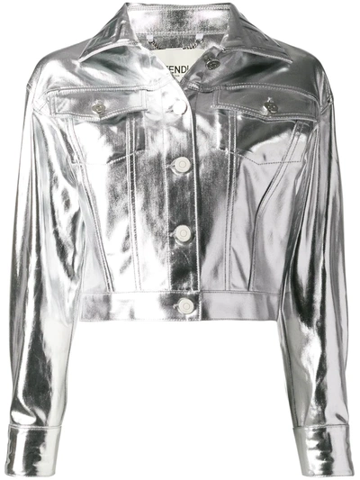 Fendi Cropped Metallic Denim Jacket In Silver
