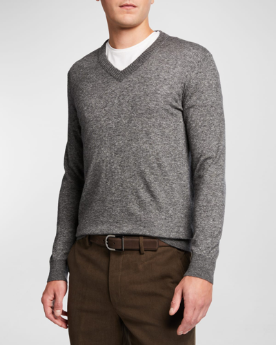 Loro Piana Men's Cashmere-silk V-neck Sweater In Gray