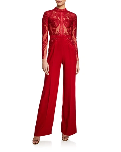 Zuhair Murad Misa Fluid Cady & Lace Jumpsuit In Red