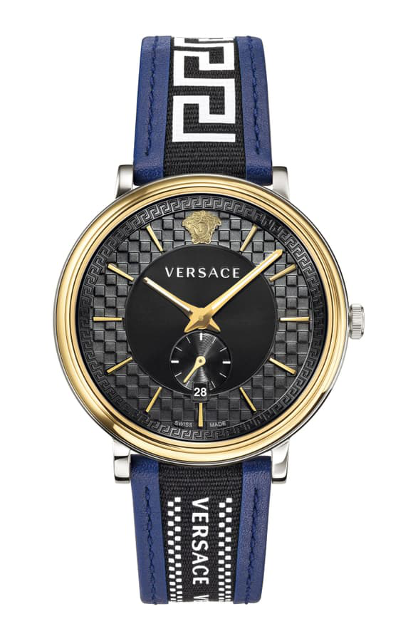 Versace Men's 42mm Guilloche Greek Key Leather Watch In Blue/ Black/ Gold |  ModeSens