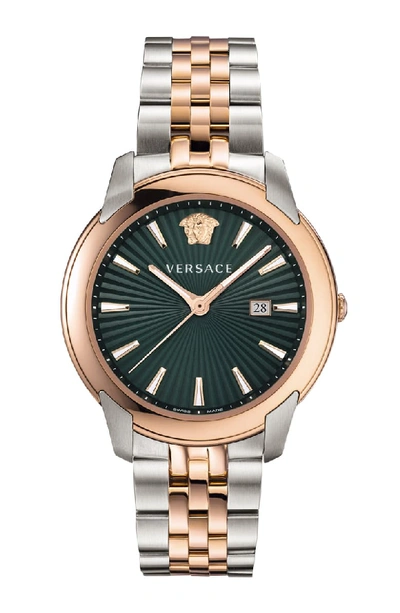 Versace Men's 42mm Medusa Sunray Two-tone Bracelet Watch In Silver/ Green Sunray/rose Gold