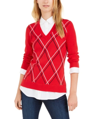 Tommy Hilfiger Cotton Layered-look Sweater, Created For Macy's In Scarlet Multi