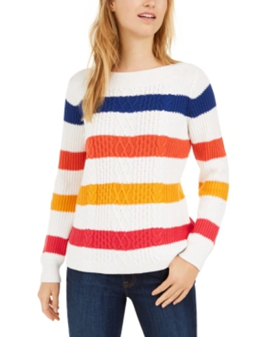 Tommy Hilfiger Striped Cable Knit Sweater, Created For Macy's In Ivory Multi