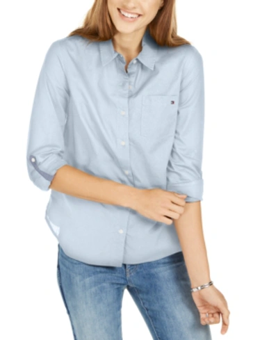 Tommy Hilfiger Women's Cotton Roll-tab Button-up Shirt In Crystal Blue