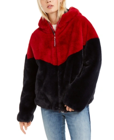 Tommy Hilfiger Hooded Faux-fur Teddy Jacket, Created For Macy's In Crimson/navy