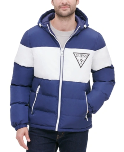 Guess Men's Colorblock Hooded Puffer Jacket In Navy