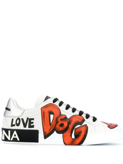 Dolce & Gabbana Portofino Graffiti Logo-print Low Top Sneakers In White