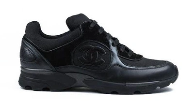 Pre-owned Chanel Low Top Trainer Cc Triple Black Leather
