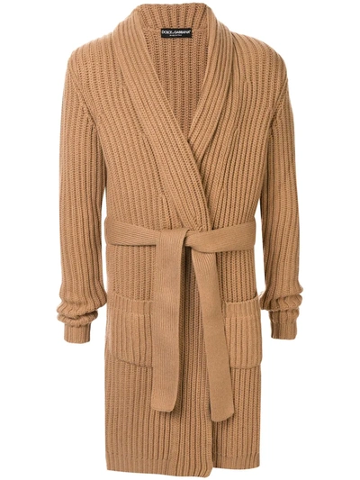 Dolce & Gabbana Belted Cashmere Cardigan In Brown