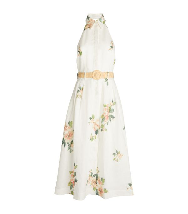 Zimmermann Kirra Halterneck Floralprint Linen Dress In Ivory Magnolia