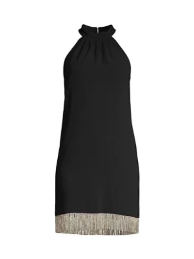 Trina Turk Top Shelf Carmel Crepe Halter Dress W/ Crystal Fringe Hem In Black