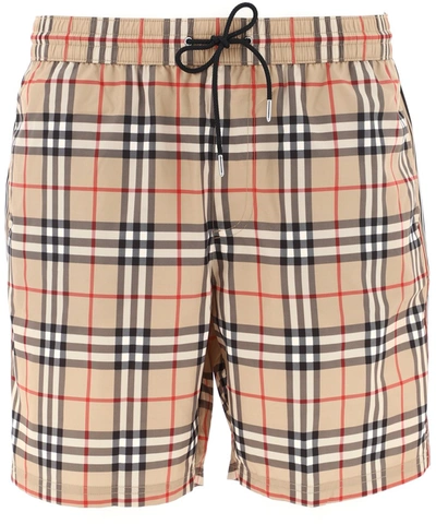 Burberry Guildes Archival Check Swim Trunks In Neutrals