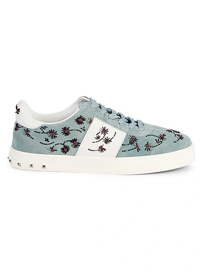 Valentino Garavani Embellished Leather-paneled Suede Sneakers In Blue