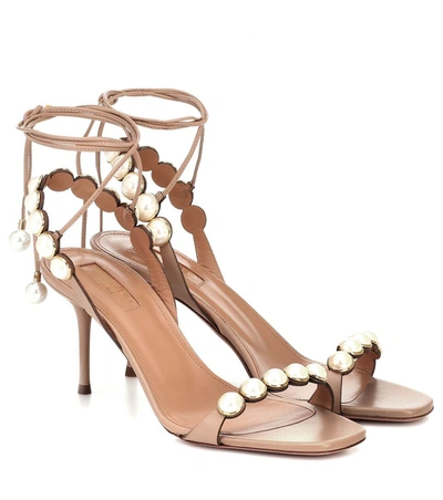 Aquazzura Mae Faux-pearl-embellished Leather Sandals In Beige