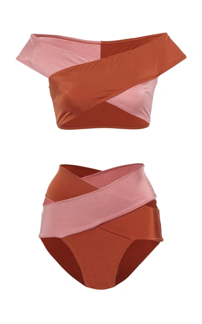 Oye Swimwear Lucette Off-the-shoulder Cutout Two-tone Bikini In Claret