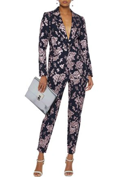 Michelle Mason Metallic Floral-jacquard Tapered Trousers In Midnight Blue