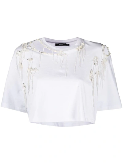 Amen Pearl-details And Cut-out Cropped Cotton T-shirt In Bianco Ottico