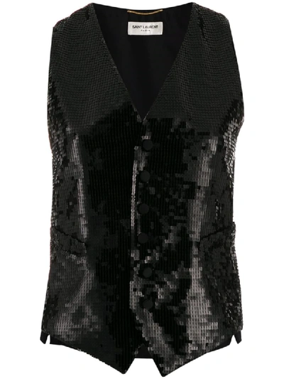 Saint Laurent Satin-effect Sequined Waistcoat In Black